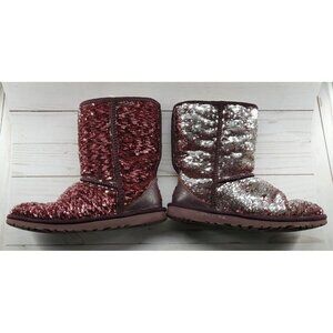 UGG Sparkling Sequins Burgundy Silver Grey Classic Short Boots Size 6 SN 1002978